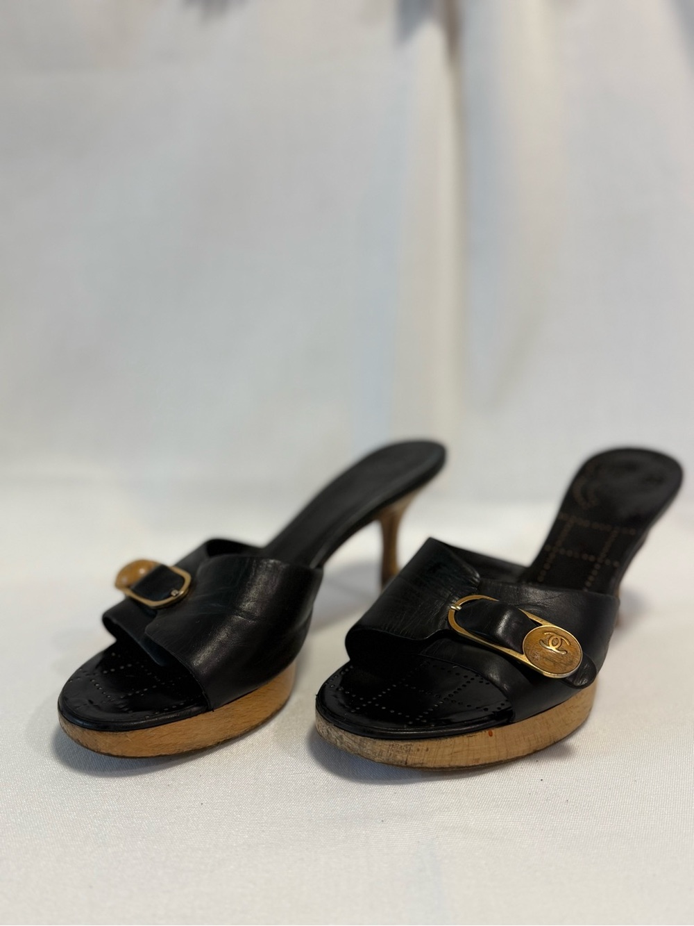 CHANEL Black Leather Slide Mules with Gold CC Accent - Picture 2 of 4